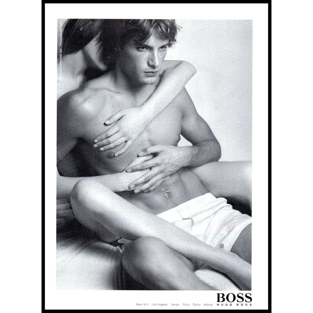 2002 Hugo Boss Mens Underwear Vintage Print Ad Couple in Bed Shirtless Man Photo